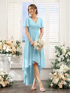 A-Line/Princess V-Neck Short Sleeves Asymmetrical Chiffon Bridesmaid Dresses with Ruched — view 50