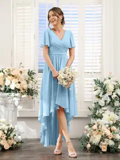 A-Line/Princess V-Neck Short Sleeves Asymmetrical Chiffon Bridesmaid Dresses with Ruched — view 51