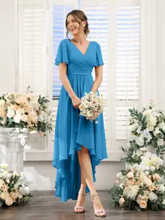 A-Line/Princess V-Neck Short Sleeves Asymmetrical Chiffon Bridesmaid Dresses with Ruched — view 54