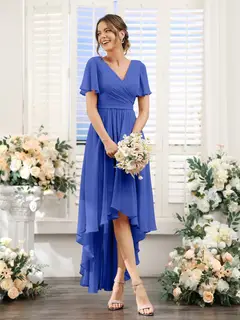 A-Line/Princess V-Neck Short Sleeves Asymmetrical Chiffon Bridesmaid Dresses with Ruched — view 55
