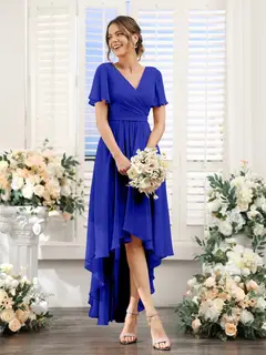 A-Line/Princess V-Neck Short Sleeves Asymmetrical Chiffon Bridesmaid Dresses with Ruched — view 56