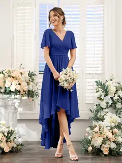 A-Line/Princess V-Neck Short Sleeves Asymmetrical Chiffon Bridesmaid Dresses with Ruched — view 57