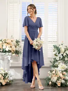 A-Line/Princess V-Neck Short Sleeves Asymmetrical Chiffon Bridesmaid Dresses with Ruched — view 58