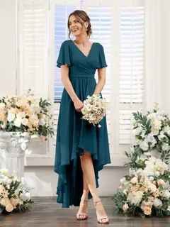 A-Line/Princess V-Neck Short Sleeves Asymmetrical Chiffon Bridesmaid Dresses with Ruched — view 59