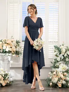 A-Line/Princess V-Neck Short Sleeves Asymmetrical Chiffon Bridesmaid Dresses with Ruched — view 60