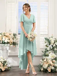 A-Line/Princess V-Neck Short Sleeves Asymmetrical Chiffon Bridesmaid Dresses with Ruched — view 61