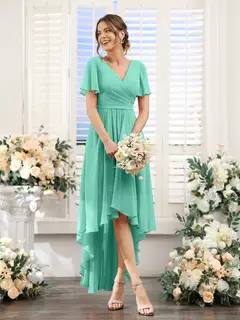A-Line/Princess V-Neck Short Sleeves Asymmetrical Chiffon Bridesmaid Dresses with Ruched — view 63