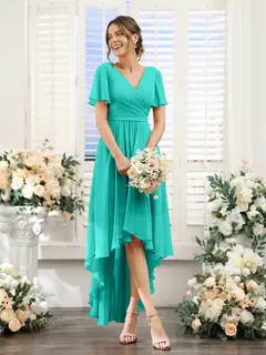 A-Line/Princess V-Neck Short Sleeves Asymmetrical Chiffon Bridesmaid Dresses with Ruched — view 64