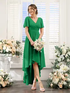 A-Line/Princess V-Neck Short Sleeves Asymmetrical Chiffon Bridesmaid Dresses with Ruched — view 65