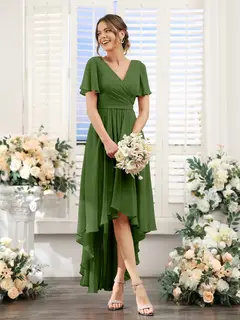 A-Line/Princess V-Neck Short Sleeves Asymmetrical Chiffon Bridesmaid Dresses with Ruched — view 66