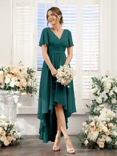 A-Line/Princess V-Neck Short Sleeves Asymmetrical Chiffon Bridesmaid Dresses with Ruched — view 67