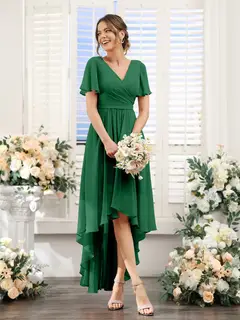 A-Line/Princess V-Neck Short Sleeves Asymmetrical Chiffon Bridesmaid Dresses with Ruched — view 68