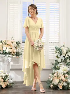 A-Line/Princess V-Neck Short Sleeves Asymmetrical Chiffon Bridesmaid Dresses with Ruched — view 69