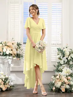 A-Line/Princess V-Neck Short Sleeves Asymmetrical Chiffon Bridesmaid Dresses with Ruched — view 70