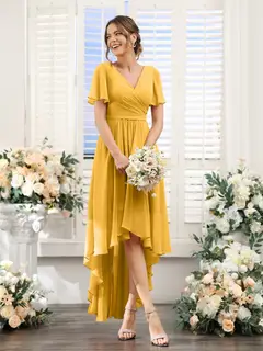A-Line/Princess V-Neck Short Sleeves Asymmetrical Chiffon Bridesmaid Dresses with Ruched — view 71
