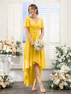 A-Line/Princess V-Neck Short Sleeves Asymmetrical Chiffon Bridesmaid Dresses with Ruched — view 72