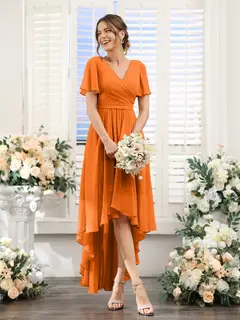 A-Line/Princess V-Neck Short Sleeves Asymmetrical Chiffon Bridesmaid Dresses with Ruched — view 73