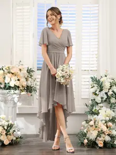 A-Line/Princess V-Neck Short Sleeves Asymmetrical Chiffon Bridesmaid Dresses with Ruched — view 74