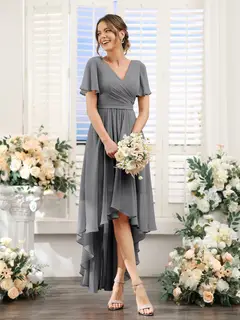 A-Line/Princess V-Neck Short Sleeves Asymmetrical Chiffon Bridesmaid Dresses with Ruched — view 76