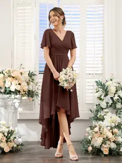 A-Line/Princess V-Neck Short Sleeves Asymmetrical Chiffon Bridesmaid Dresses with Ruched — view 77