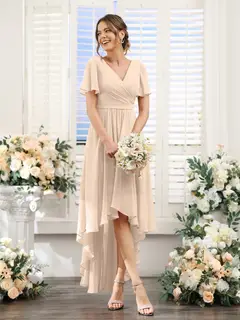 A-Line/Princess V-Neck Short Sleeves Asymmetrical Chiffon Bridesmaid Dresses with Ruched — view 79