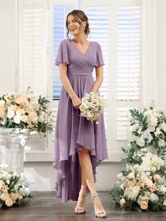 A-Line/Princess V-Neck Short Sleeves Asymmetrical Chiffon Bridesmaid Dresses with Ruched — view 81