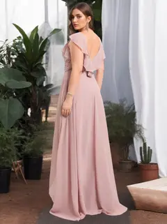 Pantsuit/Jumpsuit V-Neck Sleeveless Floor-Length Chiffon Plus Size Bridesmaid Dresses with Ruffles — view 2