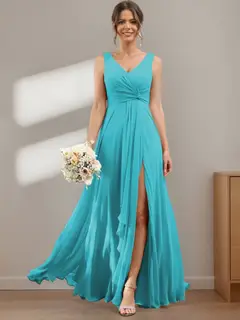 A-Line/Princess Chiffon V-Neck Sleeveless Floor-Length Bridesmaid Dresses — view 1