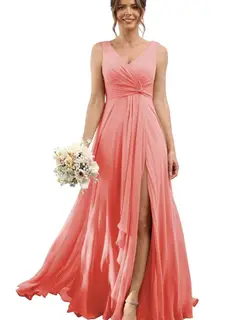 A-Line/Princess Chiffon V-Neck Sleeveless Floor-Length Bridesmaid Dresses — view 3