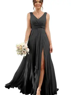 A-Line/Princess Chiffon V-Neck Sleeveless Floor-Length Bridesmaid Dresses — view 4
