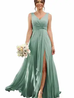 A-Line/Princess Chiffon V-Neck Sleeveless Floor-Length Bridesmaid Dresses — view 12