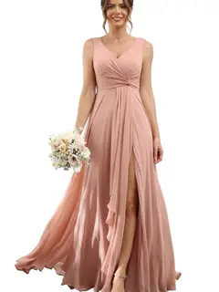 A-Line/Princess Chiffon V-Neck Sleeveless Floor-Length Bridesmaid Dresses — view 13