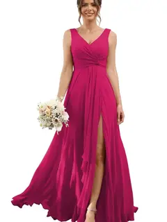 A-Line/Princess Chiffon V-Neck Sleeveless Floor-Length Bridesmaid Dresses — view 15