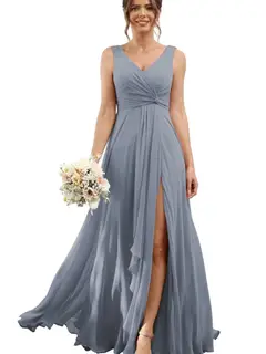 A-Line/Princess Chiffon V-Neck Sleeveless Floor-Length Bridesmaid Dresses — view 16