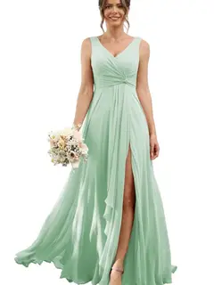A-Line/Princess Chiffon V-Neck Sleeveless Floor-Length Bridesmaid Dresses — view 18