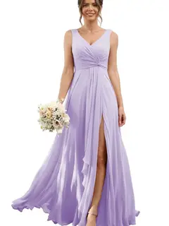A-Line/Princess Chiffon V-Neck Sleeveless Floor-Length Bridesmaid Dresses — view 19
