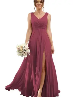 A-Line/Princess Chiffon V-Neck Sleeveless Floor-Length Bridesmaid Dresses — view 22