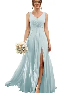 A-Line/Princess Chiffon V-Neck Sleeveless Floor-Length Bridesmaid Dresses — view 23