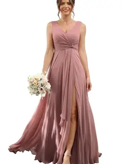 A-Line/Princess Chiffon V-Neck Sleeveless Floor-Length Bridesmaid Dresses — view 24