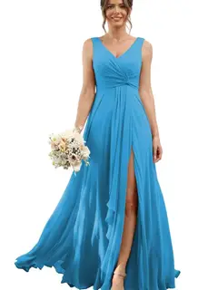A-Line/Princess Chiffon V-Neck Sleeveless Floor-Length Bridesmaid Dresses — view 27