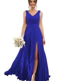 A-Line/Princess Chiffon V-Neck Sleeveless Floor-Length Bridesmaid Dresses — view 28