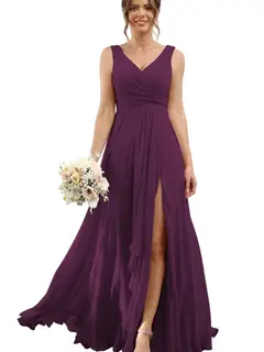 A-Line/Princess Chiffon V-Neck Sleeveless Floor-Length Bridesmaid Dresses — view 30