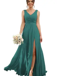 A-Line/Princess Chiffon V-Neck Sleeveless Floor-Length Bridesmaid Dresses — view 32