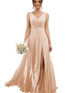 A-Line/Princess Chiffon V-Neck Sleeveless Floor-Length Bridesmaid Dresses — view 33