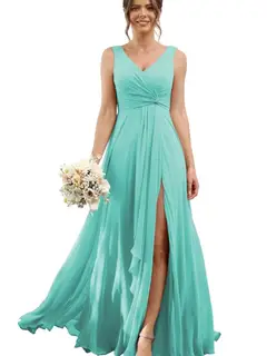 A-Line/Princess Chiffon V-Neck Sleeveless Floor-Length Bridesmaid Dresses — view 34