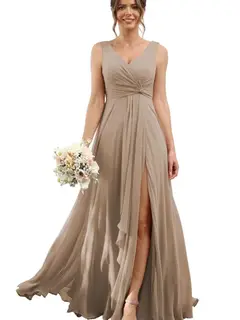 A-Line/Princess Chiffon V-Neck Sleeveless Floor-Length Bridesmaid Dresses — view 35