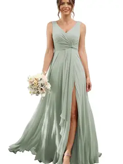 A-Line/Princess Chiffon V-Neck Sleeveless Floor-Length Bridesmaid Dresses — view 36
