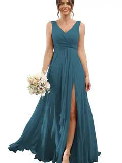 A-Line/Princess Chiffon V-Neck Sleeveless Floor-Length Bridesmaid Dresses — view 37