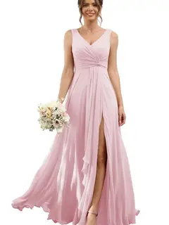 A-Line/Princess Chiffon V-Neck Sleeveless Floor-Length Bridesmaid Dresses — view 38