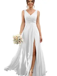 A-Line/Princess Chiffon V-Neck Sleeveless Floor-Length Bridesmaid Dresses — view 39